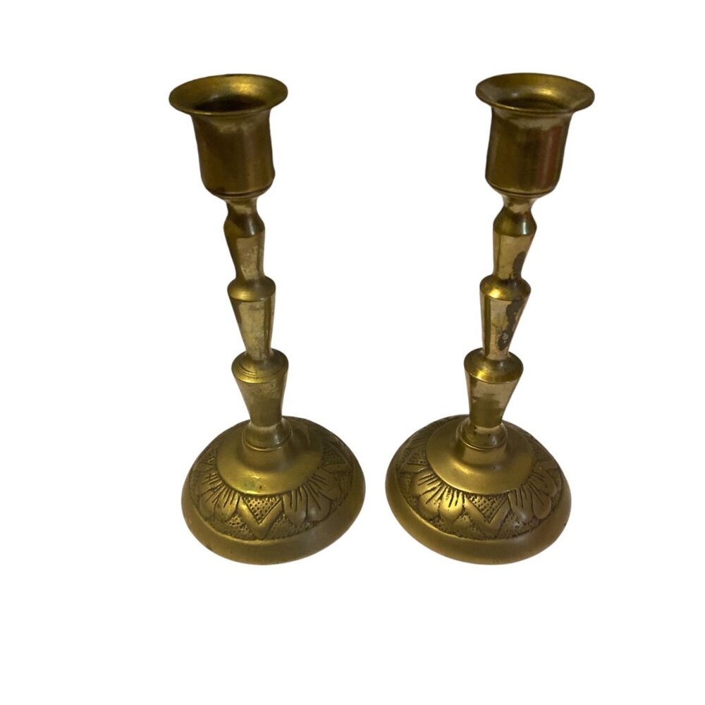 Vintage Brass Taper‎ Candle Holders 7” Made in Taiwan Lot of 2 Engraved Design